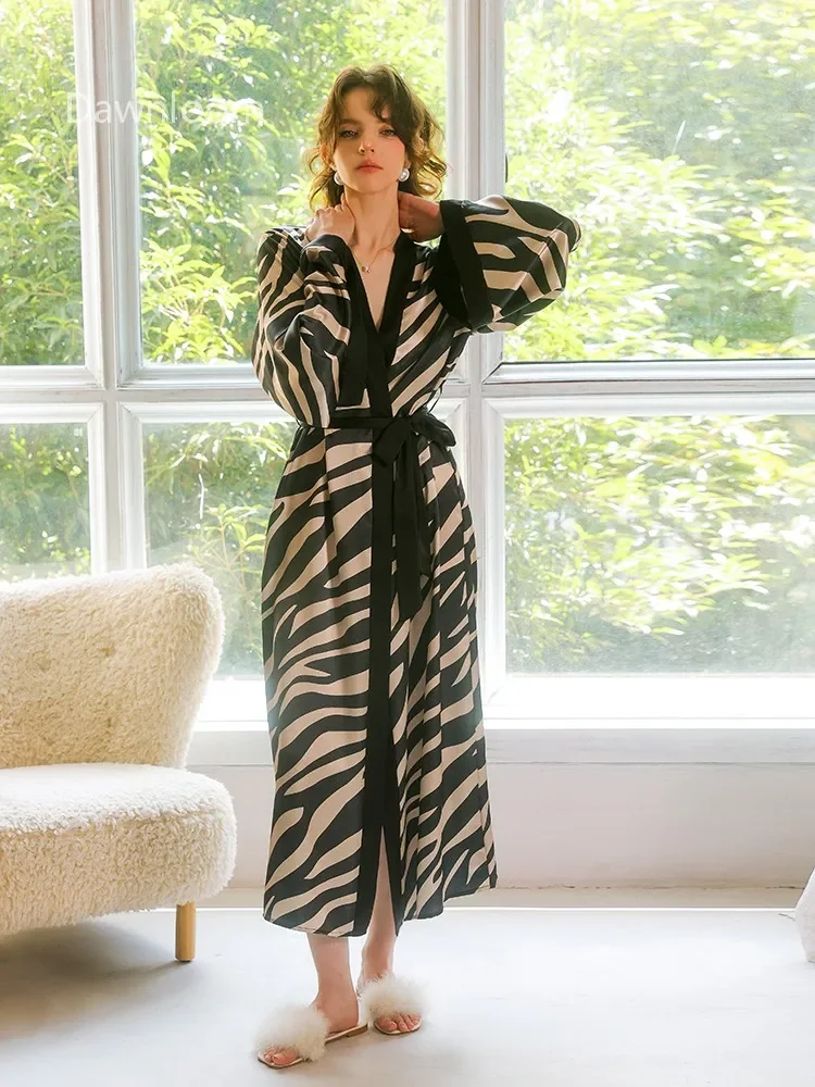 

Dawnloom Zebra Print Satin Long Tie-Waist Robe for Women Luxury High-End Lazy-Style Home Loungewear