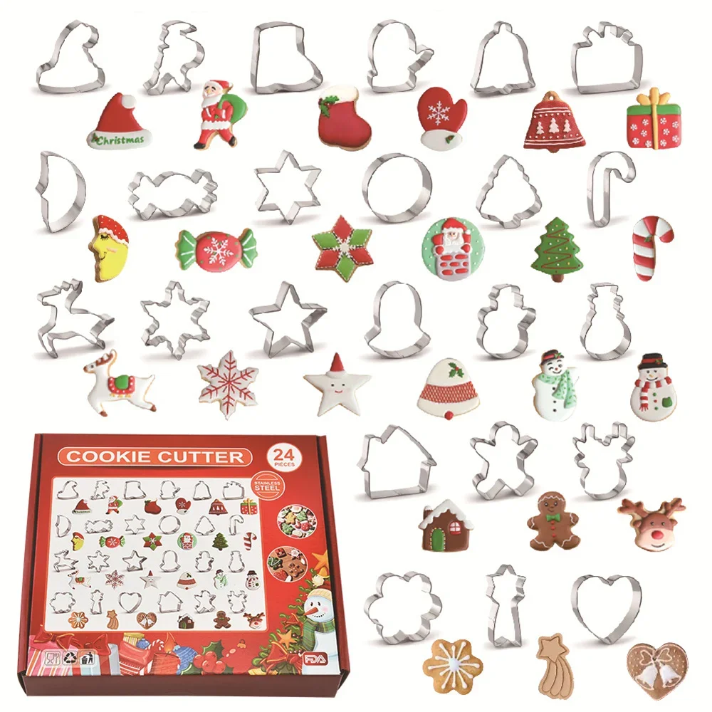 24PCS Christmas Cookie Moulds Snowflake Father Christmas Stainless Steel Cake Cookie Moulds Christmas Cookie Dessert Moulds