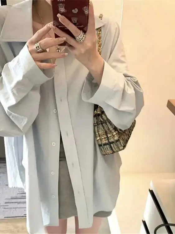 

2024 Summer New Large Edition Long Sleeve Lapel Single Breasted Shirt Women Loose Casual Versatile Solid Color Top 33G0