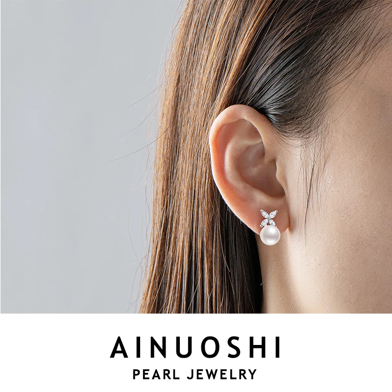 

AINUOSHI 9mm Bread Pearl Earring 925 Sterling Silver Stud Earring for Women Four-leaf Clover Cubic Zirconia Daily Jewelry Gift