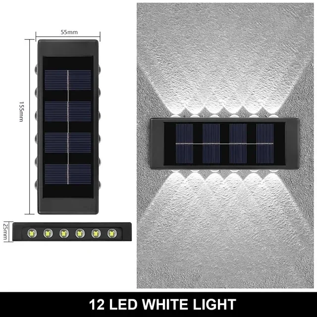 Buitenwandlamp op zonne-energie, 12 LED's, waterdicht tuinlicht, binnenplaatsbalustrade, decoratieve sfeerlamp, lichtgevende zonnelamp naar beneden