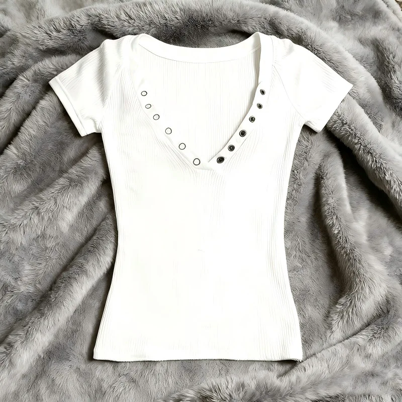 Cross border European and American style sexy low V-neck short sleeved slim solid color T-shirt spicy girl casual top