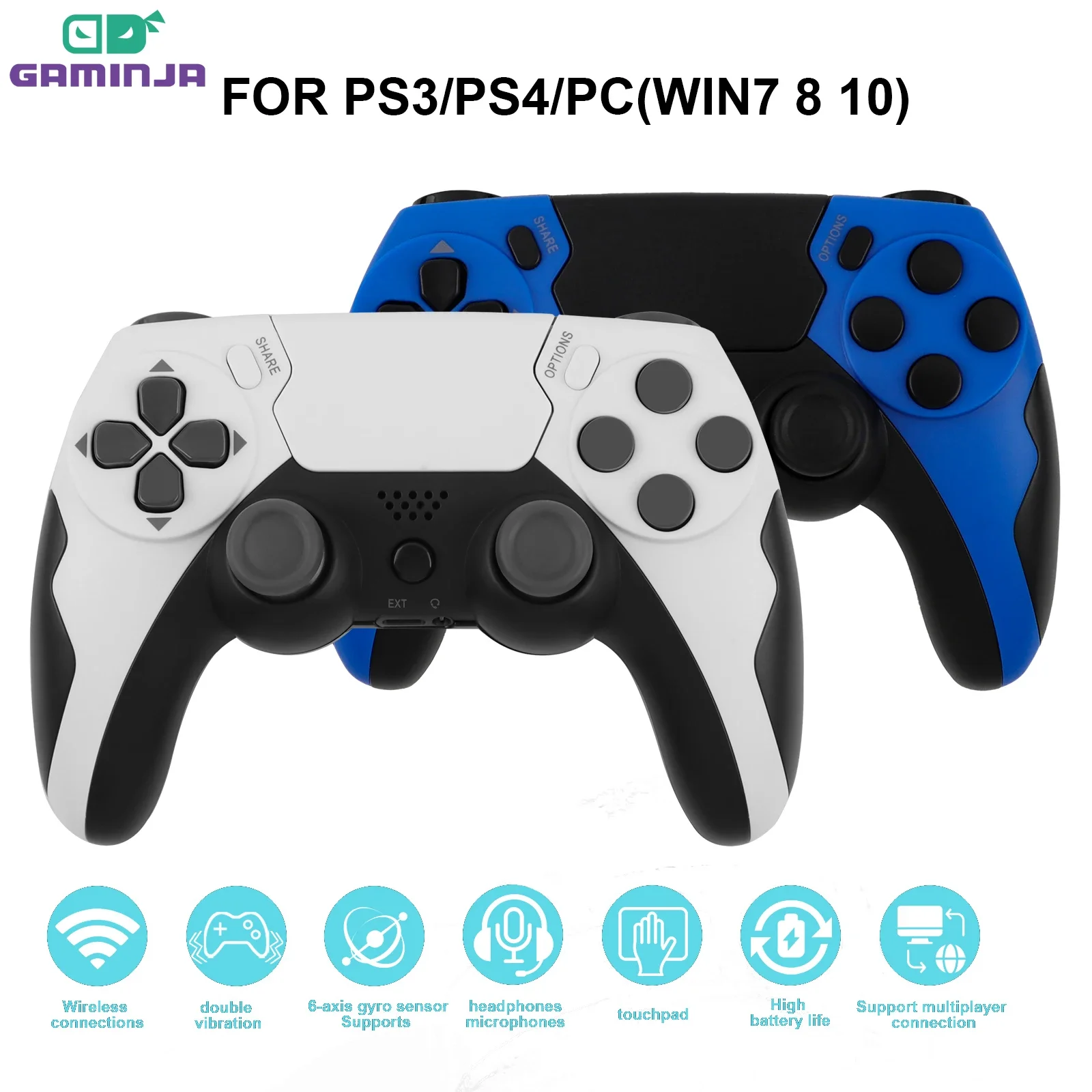 GAMINJA P48 controlador inalámbrico BT Gamepad doble vibración sin latencia con panel táctil micrófono puerto de auriculares para PS4 PS3 PC