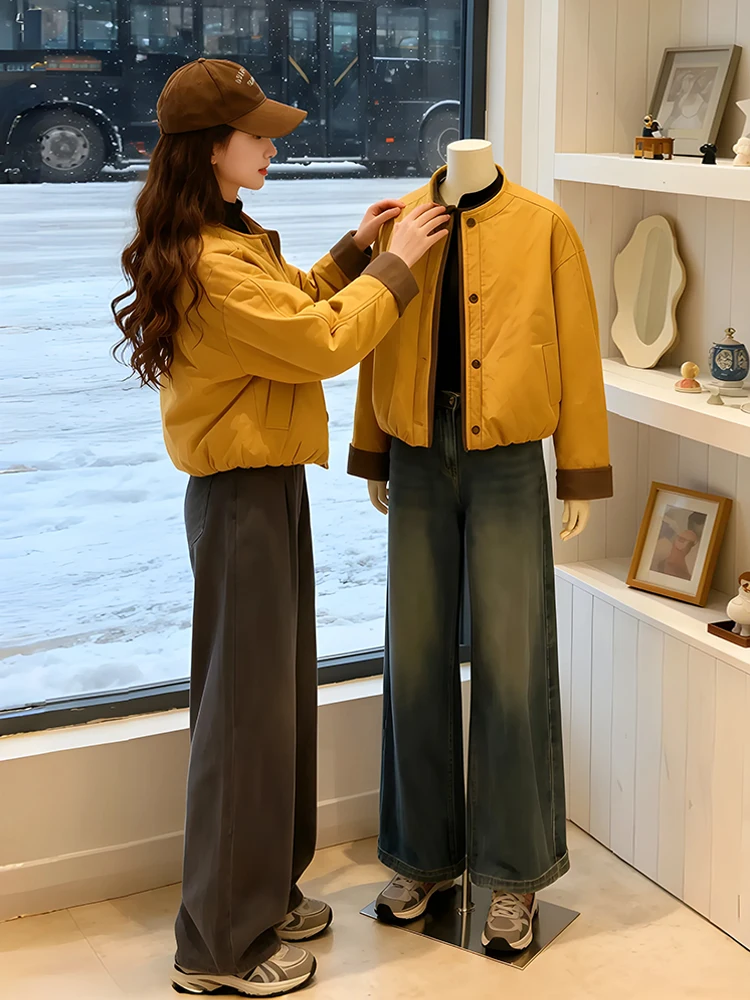 

Модная женская утепленная куртка из хлопка, зима 2026, модная верхняя одежда, свободное пальто-пуховик в корейском стиле, с длинными рукавами, круглым вырезом