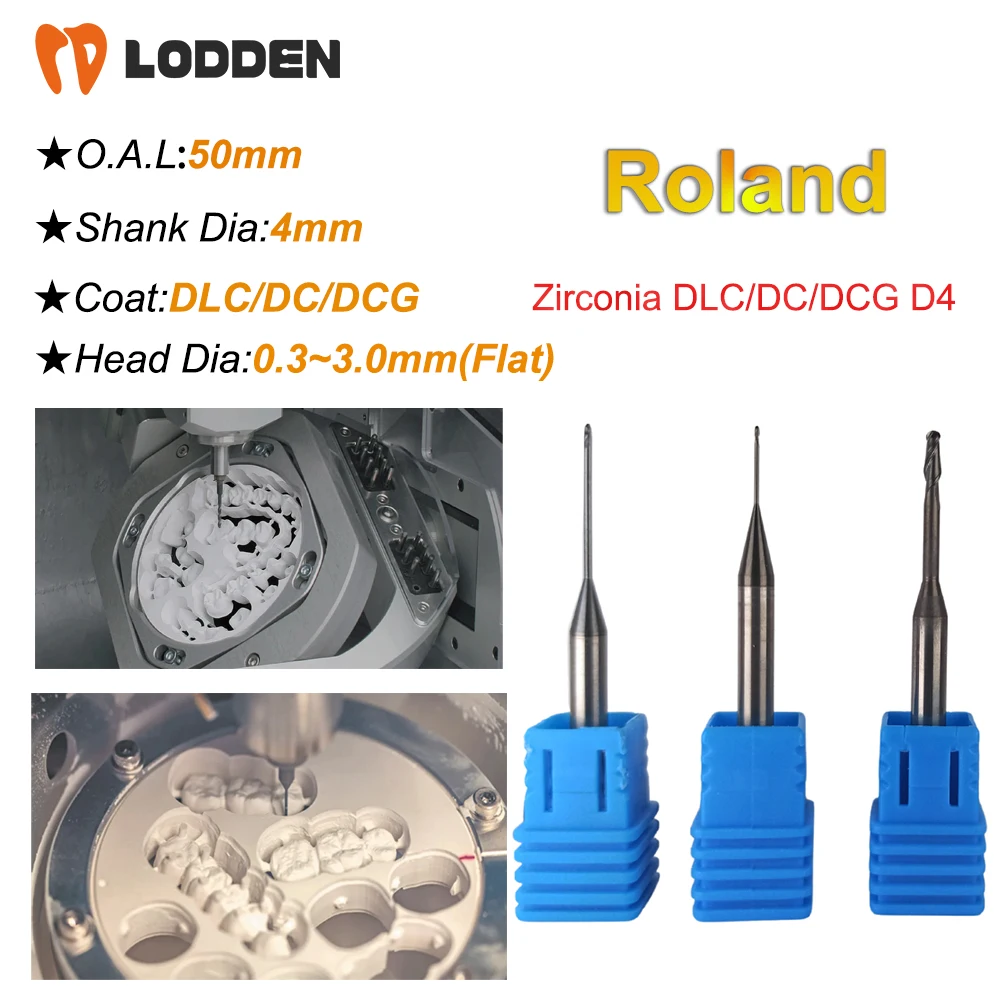 

Roland Zirconia Milling Burs D4 Shank DLC/DC/DCG Diamond Coating 50mm Length 0.3/0.6/1.0/1.5/2.0mm Dental Grinding Tool