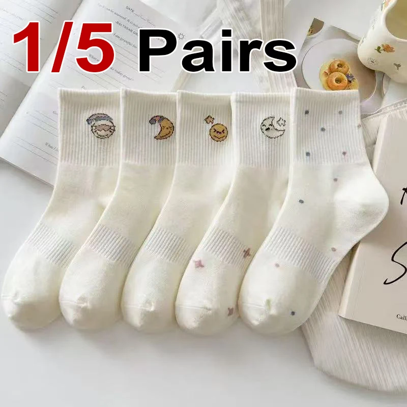 1/5 Paar Damen-Mittelsocken mit Cartoon-Motiv, Mond und Sonne, modisch, niedlich, süßer Stil, weich, bequem, für vier Jahreszeiten, Freizeitsocken