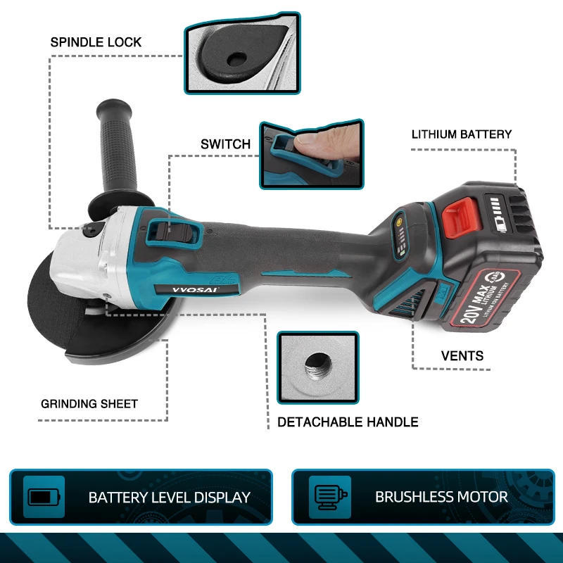 VVOSAI-amoladora angular eléctrica sin escobillas, 20V, 125mm, 2 velocidades, herramienta eléctrica inalámbrica, batería de iones de litio