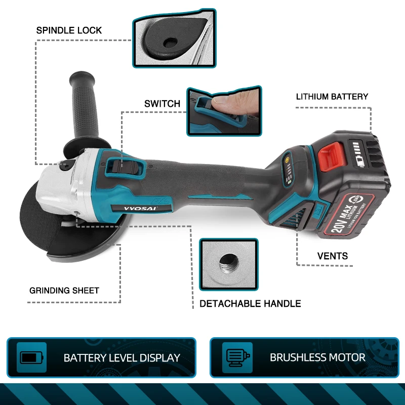 Imagem -02 - Vvosai 20v 125 mm Velocidade Brushless Elétrica Angle Grinder Moagem Máquina Ferramenta Elétrica Li-ion Bateria Ferramentas Elétricas Cordless