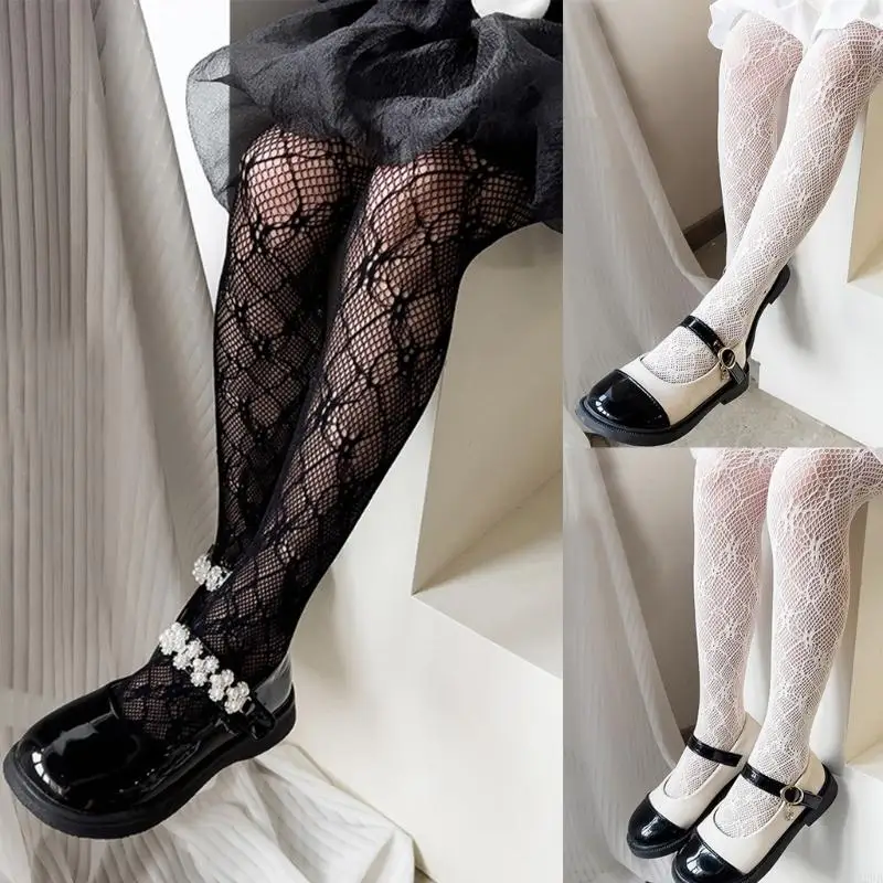 Childrens Lace Embellished Net Tights Elegant Design Pantyhose Stockings Soft Stretchy Fabric For School Playdates A2UB