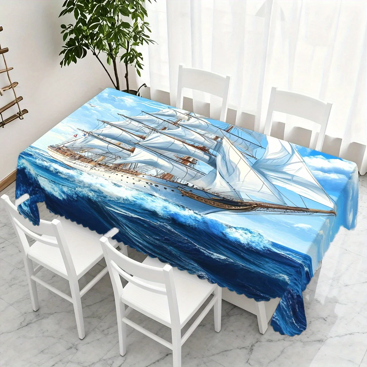 Blue Sea Sky Vintage Clipper Sailboat Print Waterproof Tablecloth, Rectangular Cover for Indoor Dining Table Home Decoration