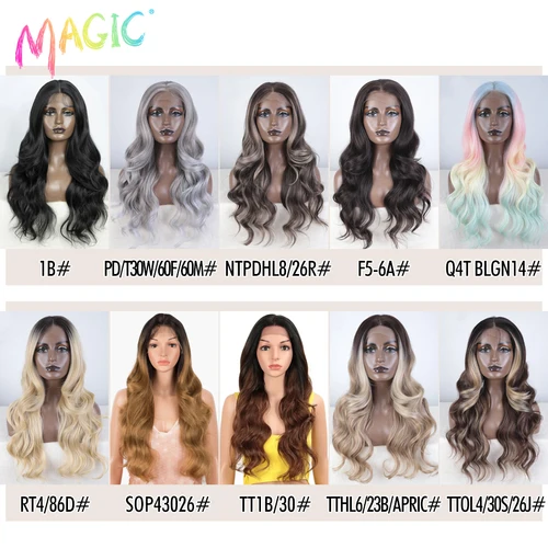 Imagen 2 del producto Pelucas mágicas sintéticas con malla frontal para mujer, 28 "", cuerpo largo, Onda de encaje, Ombre, marrón, Rubio, resaltado, Cosplay, resistente al calor