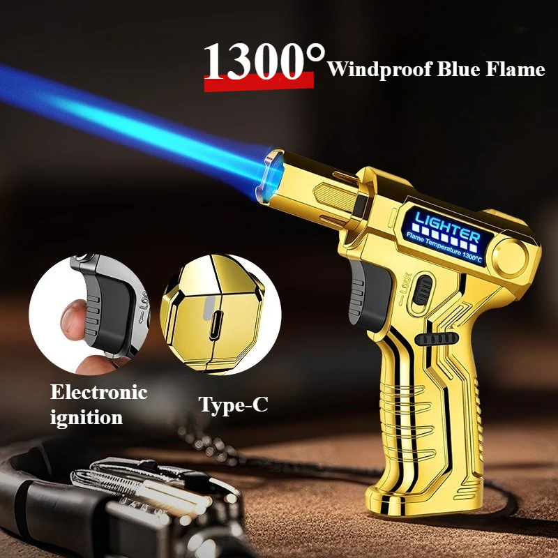 Type-C Usb Rechargeable Direct-Charge Windproof Lighter, Outdoor High-Power Gas Torch Cigar Gun-Shaped Bbq Lighter Men Tool