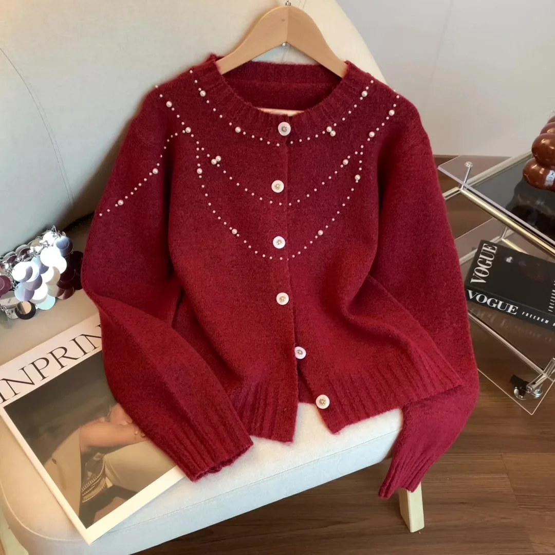 

Женский рождественский красный кардиган, свитер, винтажный джемпер 2000-х годов Y2k с круглым вырезом, трикотаж, роскошный свитер с длинными рукавами, осенняя одежда 2025