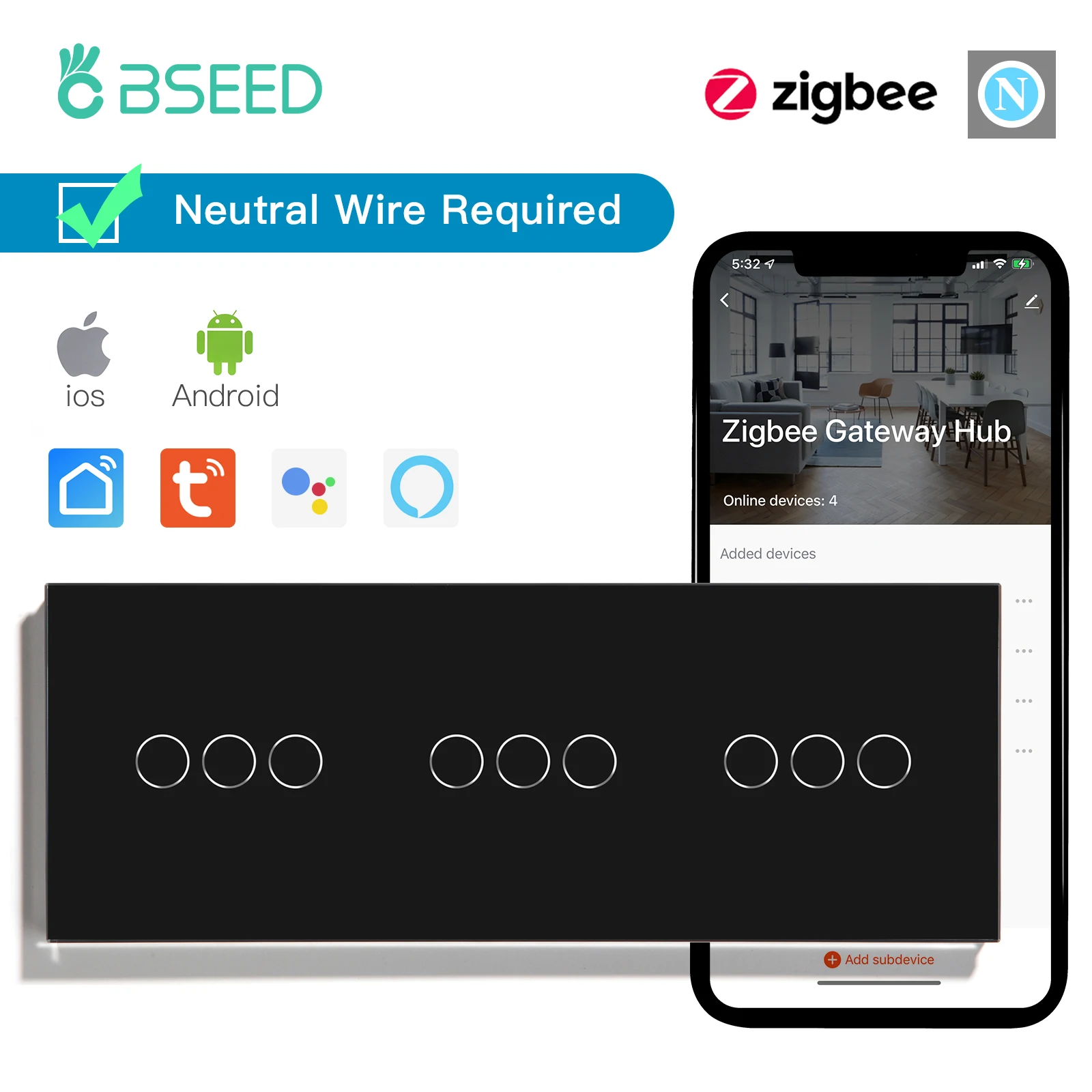 Besamen ZigBee Smart Switch Triple/9gang 2way Smart Touch Lichtsc halter Fernbedienung von Tuya Smart Life Google Home mit Neutral leiter
