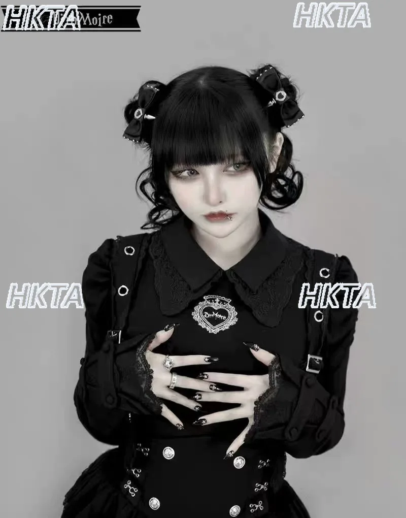 Japonais Harajuku Punk foncé Lolita produit en série maille brodée Patchwork chemise de Base noire hiver nouveau T-Shirt à manches longues haut