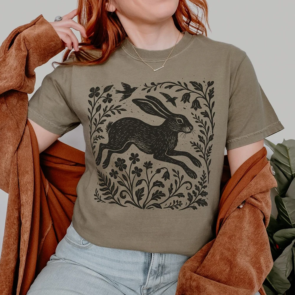 Vintage Wild Hare Linoprint Shirt Witchy Folk Art Forest Animal Naturecore Tee Dark Academia Unisex Y2K Casual Shirt Streetwear