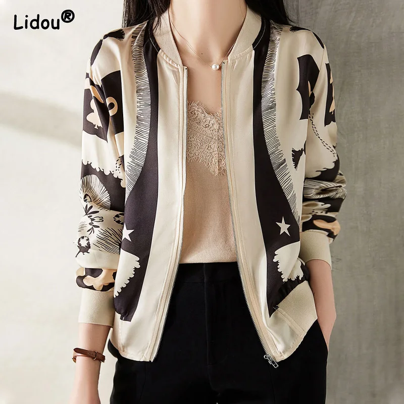 2022 New Fashion Outerwear Loose Korean Style Autumn Winter Chiffon 3D Print Women\'s Clothing O-Neck Spliced Zipper Wild Jackets