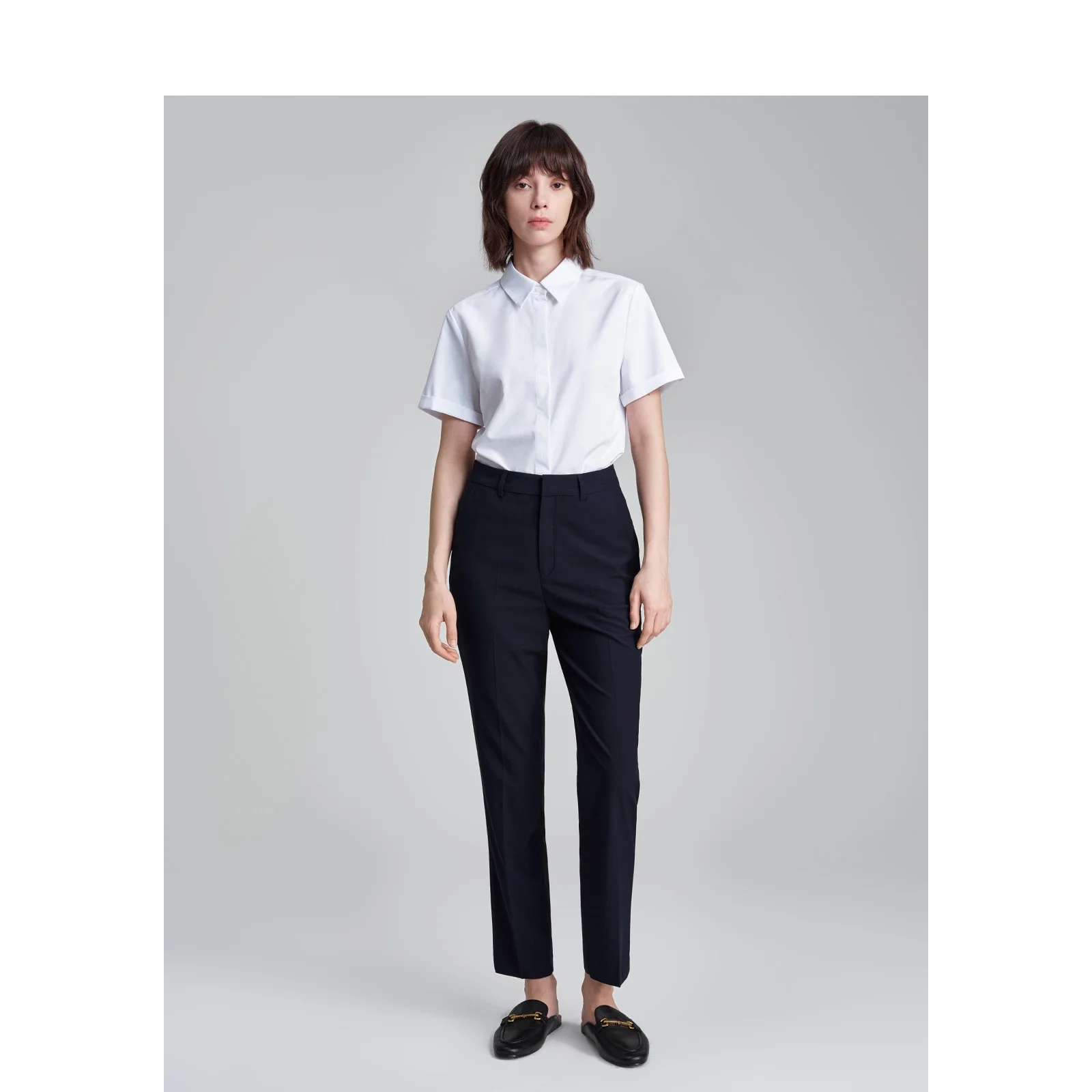 

LeLenth Women's Formal White Short Sleeve Shirt Draping Interview Suit Straight Leg Pants Commute Style Business Professional