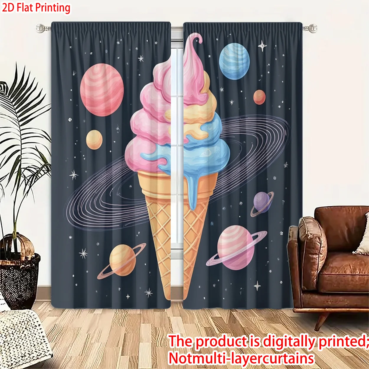 Cute Ice Cream Space Curtains Galaxy Planet Print Blackout Drapes Cartoon Kids Room Decor for Boys Girls Bedroom WindowTreatment