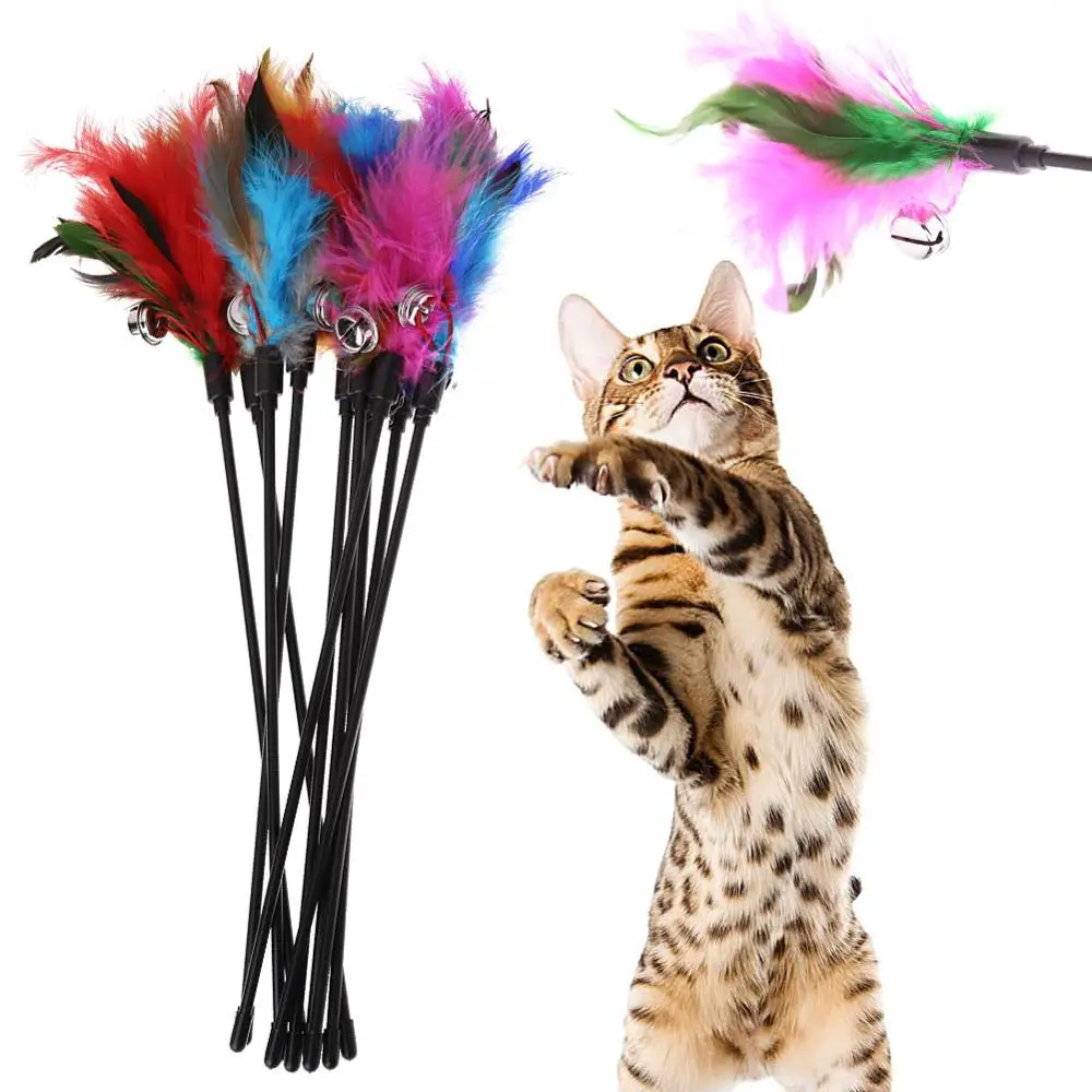 4pcs Funny Kitten Cat Teaser Interactive Toy Rod with Bell and Feather Toys For Pet Cats Stick Wire Chaser Wand Toy Random Color