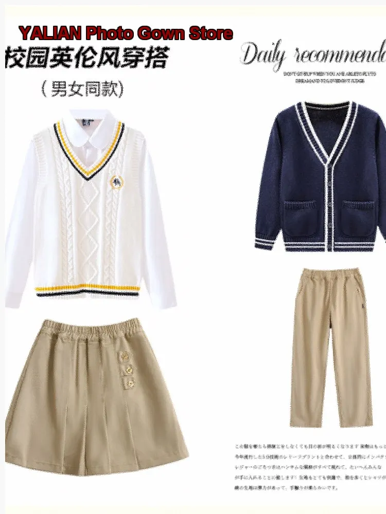 Elementary Students Uniform Navy Color Block Boys Girls Spring Autumn Pocketed Blue Knit Top