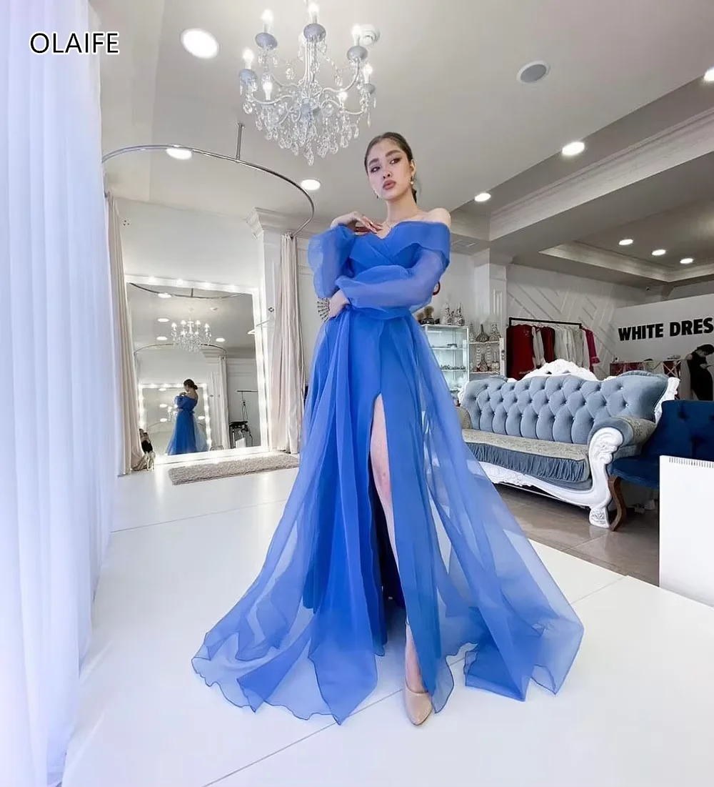 Robe de Soirée en Tulle Bleu, Élégante, Ligne A, Manches Bouffantes, pour Occasions Formelles, 2024