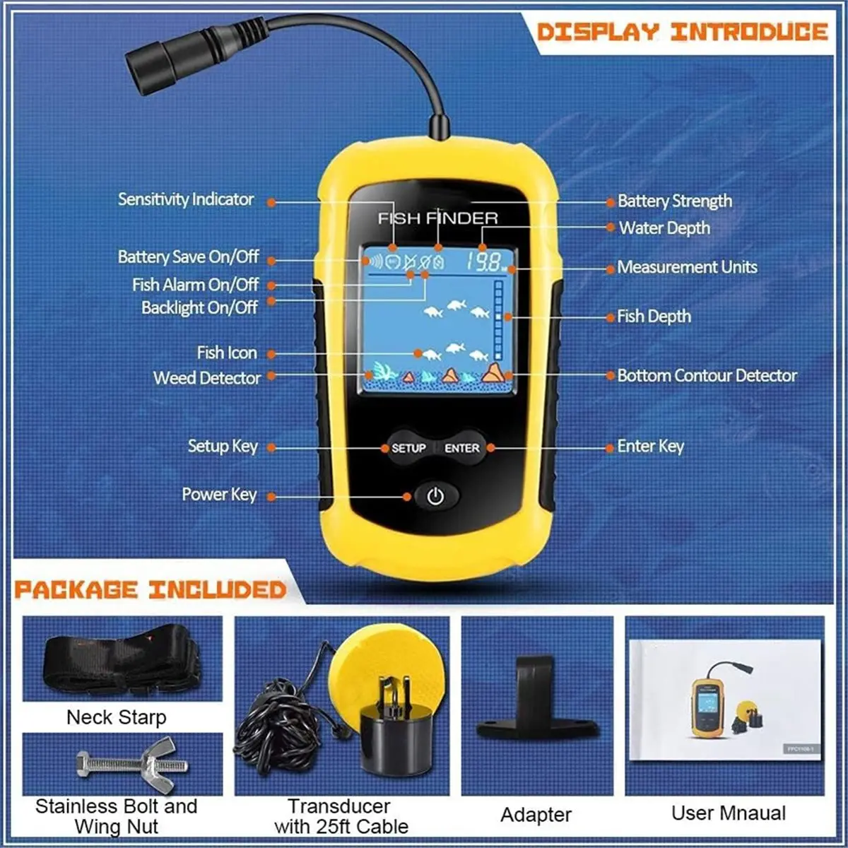 salego Kayak Portable Fish Depth Finder Water Handheld Fish Finder Sonar Castable Kayak Boat Fishfinder Transducer Fishing LCD