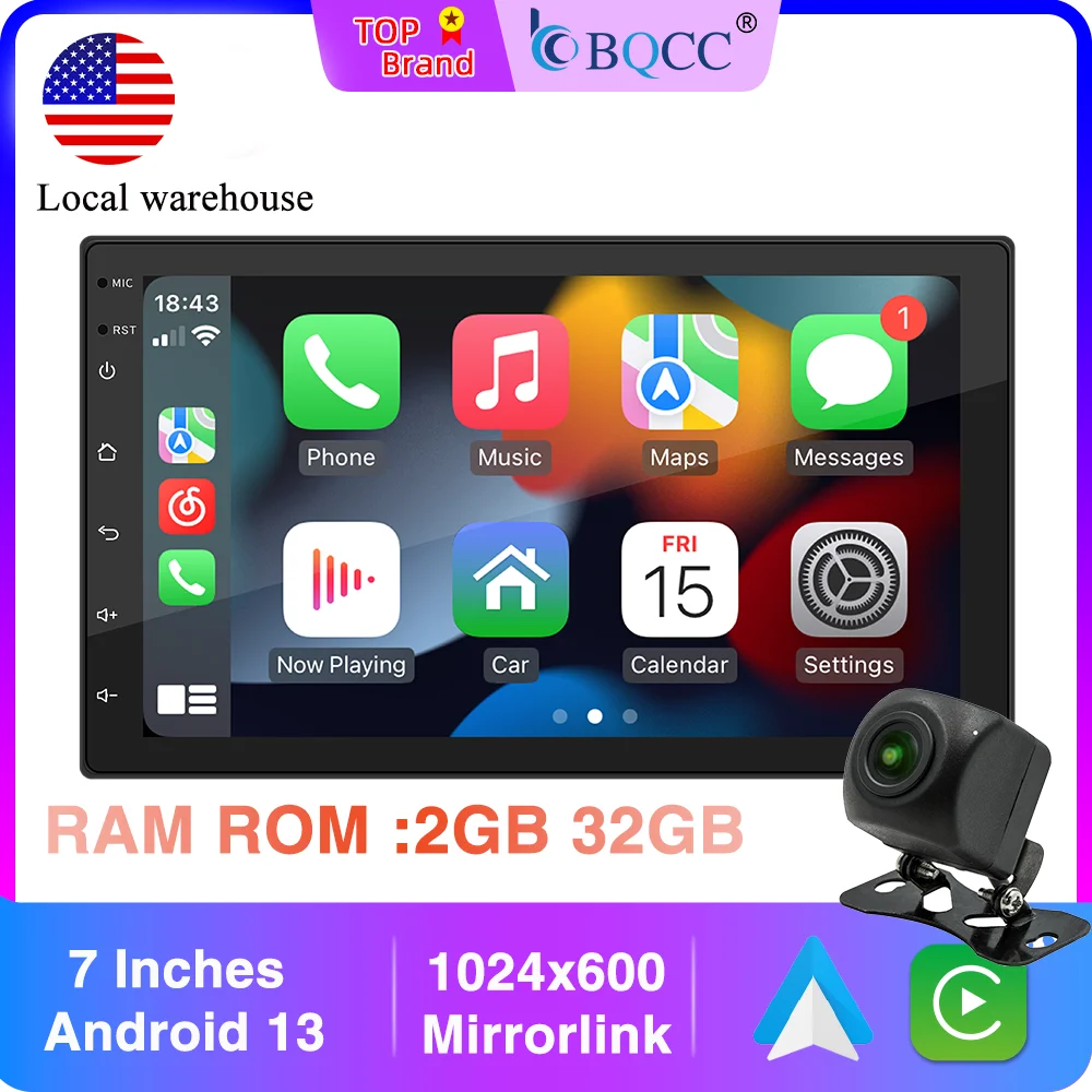 

BQCC 7 inch 2 Din IPS Android 13 player Quad Core Mirrorlink Wifi GPS FM Car Stereo BT Wireless Carplay for Universal Car Radio