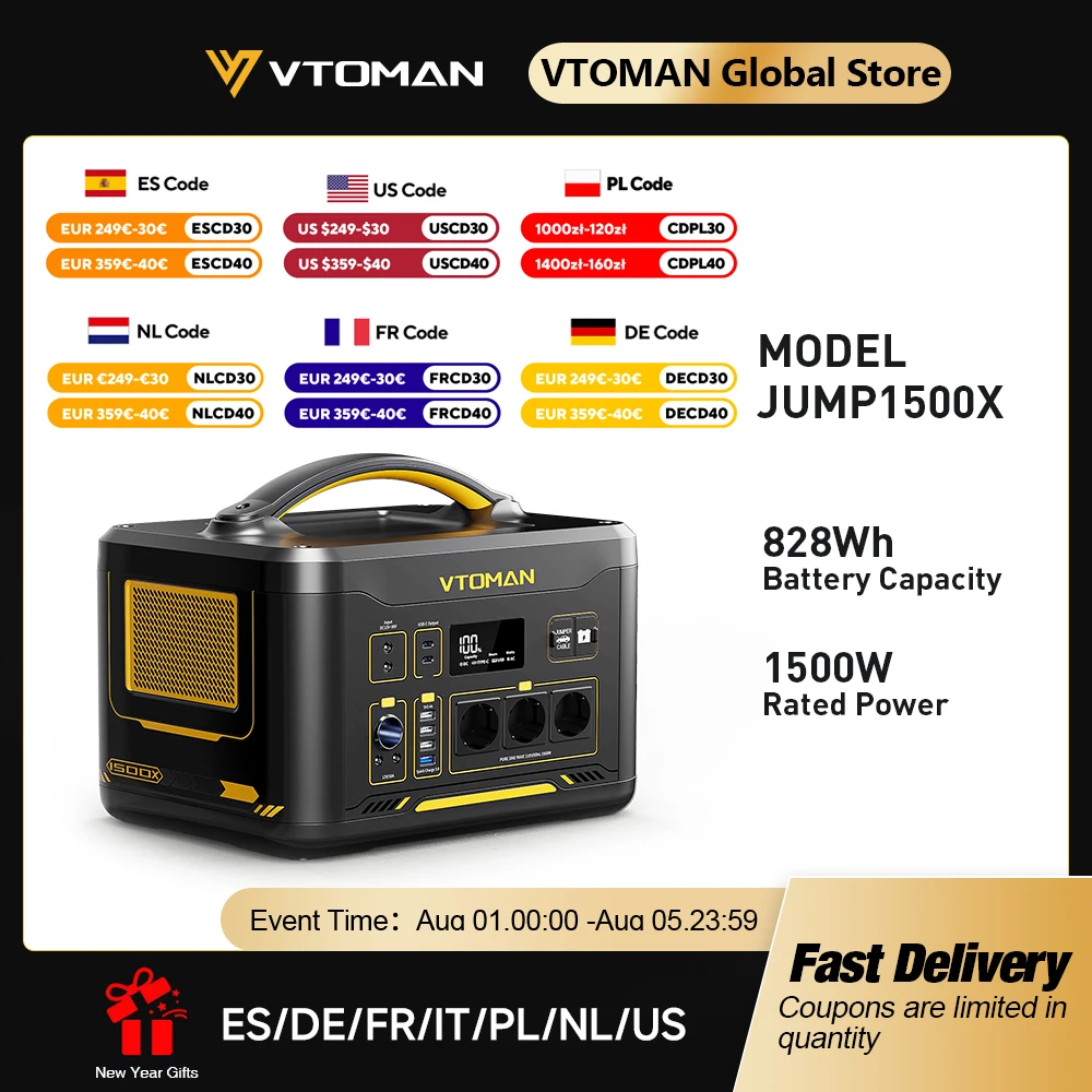 

VTOMAN JUMP 1500X Portable Power Station Camping LiFePO4 Battery 828Wh 1500W AC Outlets Solar Generator For Home RV Outdoor