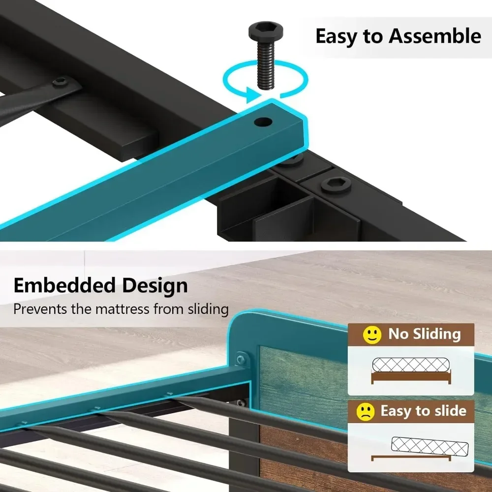 King Size Bed Frame and Storage Headboard, LED Bed Frame with USB Charging Station, Metal Platform Bed Frame King with Hidden