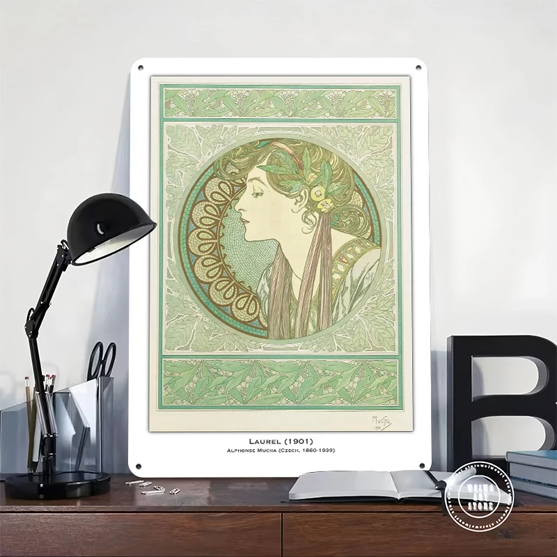 Laurel By Alphonse Mucha Metal Poster Customized Wall Art Retro Vintage Tinplate Signs for Interior Decoration Living Room Decor