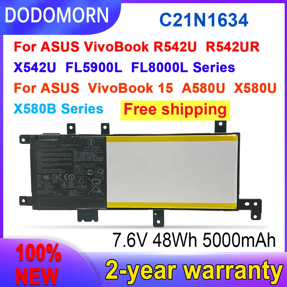 

Fast Delivery C21N1634 7.6V 38WH Battery Compatible with ASUS A580U X580U X580B A542U R542U R542UR X542U V587U FL5900L
