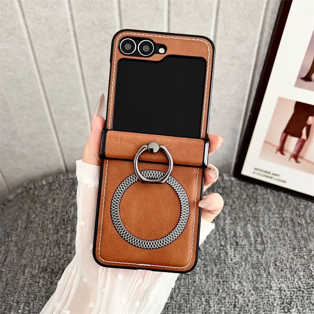 Funda de teléfono magnética Magsafe con soporte de anillo de cuero esmerilado para Samsung Galaxy Z Flip 7 6 5 4 3 Flip7 FE Flip6 cubierta de carga inalámbrica