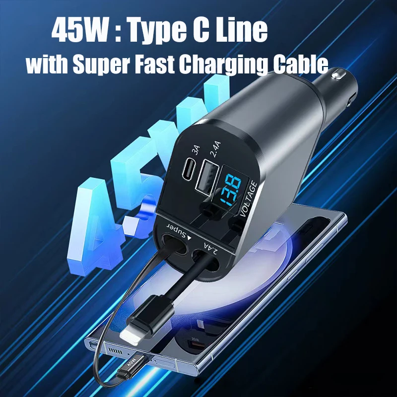 4 in 1 Retractable Car Charger with Voltage Display Super Fast 120W Car Charger Retractable Cord 2.6 Ft for iPhone Samsung OPPO