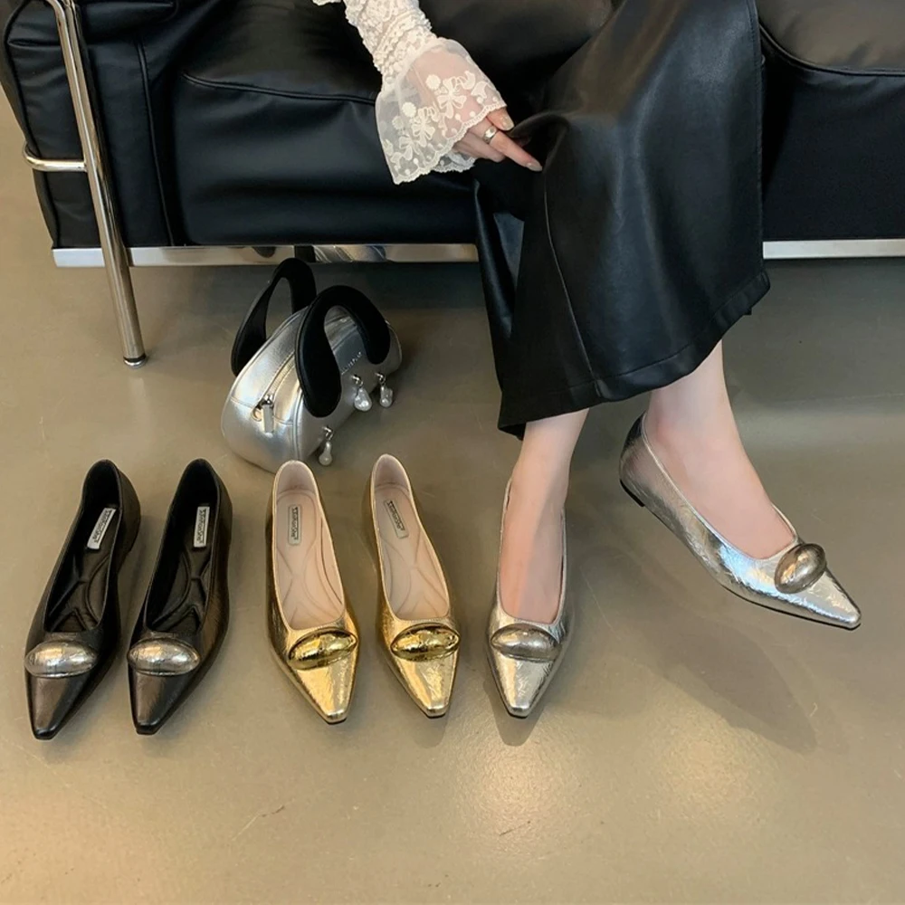

Women's Leather Mary Jane Flat Shoes Metal Buckle Decoration Fashion Closed Pointed Toe Shallow Mouth Slip On Comfortable Shoes