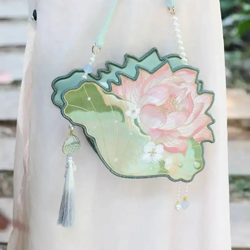 Lolita Girls Chinese Style Lotus Embroidered Zipper Shoulder Bag Female Hanfu Tassel Handbag Coin Purse Women Girl Gift