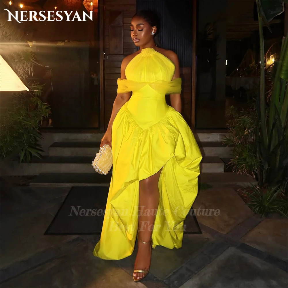 

Nersesyan Black Girl Elegant Prom Dresses Yellow Off Shoulder Puffy Ball Gowns Side Slit Tulle A Line Party Gown 2025 Customized