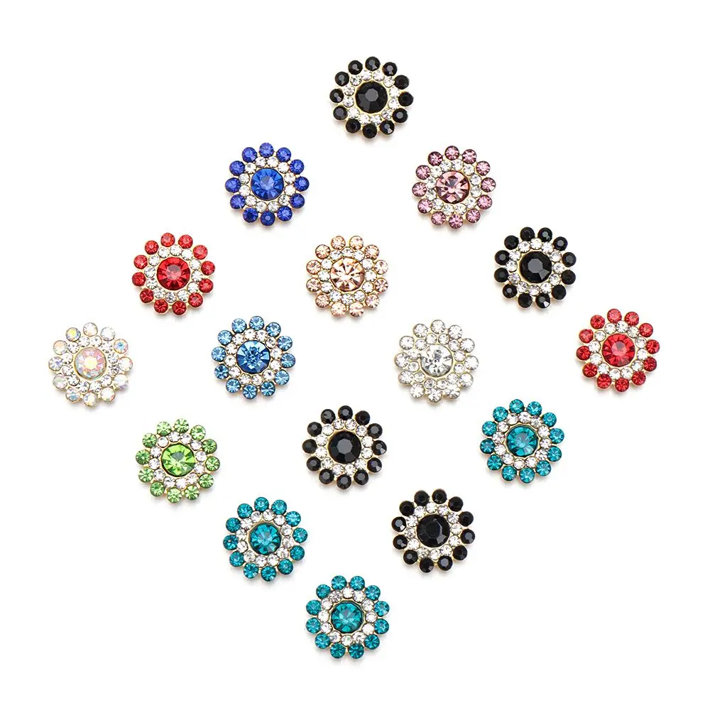 10PCS 14mm Flower-shaped Rhinestone Buttons Sparkling Crystal Glass Stone Steel Bottom Clothes Decoration Sewing Accessories