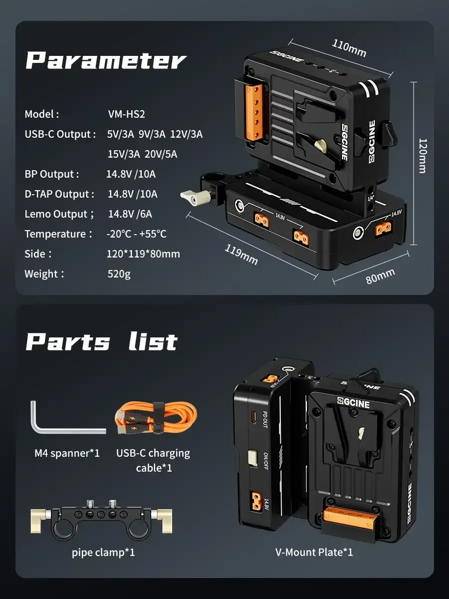 ZGCINE VM-HS2 لوحة بطارية مثبتة على شكل حرف V صغيرة/مزدوجة قابلة للتبديل السريع USB-C PD مخرج 100 وات للوحة بطارية ZGCINE ZG-V99 V