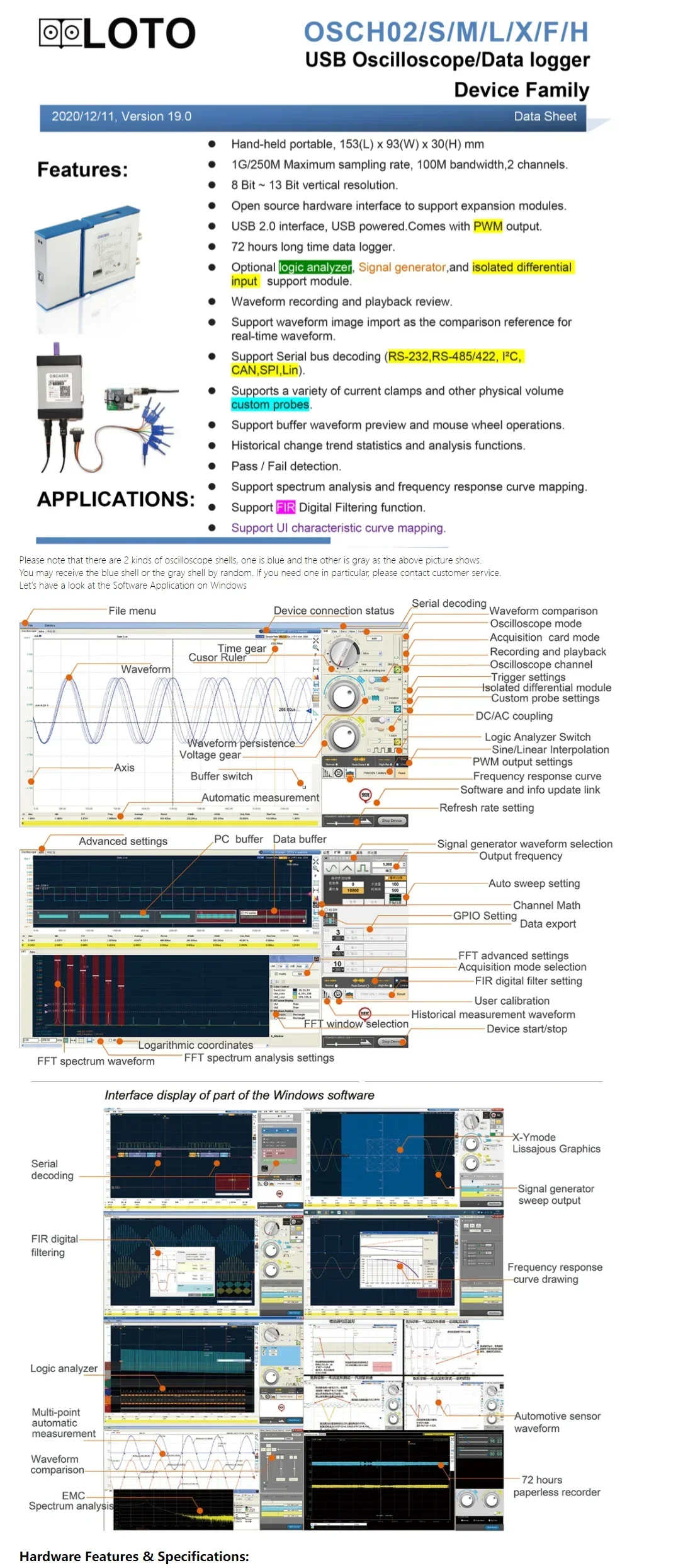 OSCH02 Series 100MHz 1GS/s 2-Channel 5-in-1 Oscilloscope USB PC Connect 8-13 Bit Vertical Resolution Protocol Decoding
