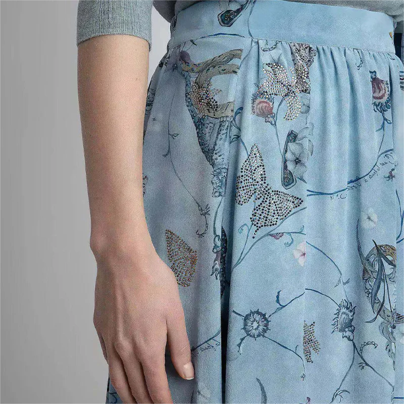 Zadig Casual Half Dress Women Butterfly Flower Rhinestone Printed Skirt Female Casual Vintage Half Skirt Blue Waist Lady Dresses