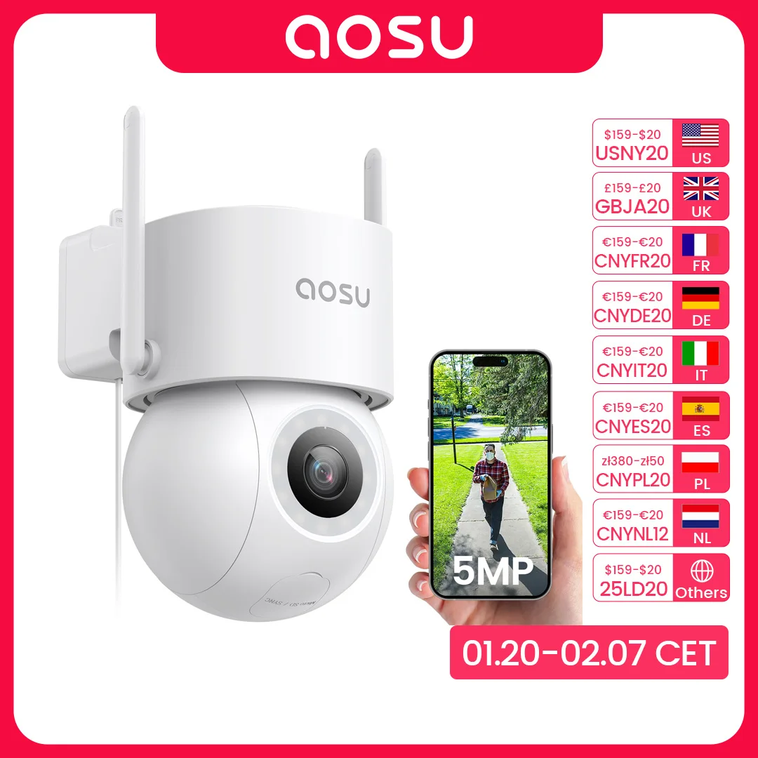 AOSU 3K 5MP WiFi Camera Outdoor 360° View PTZ Smart Security Camera Auto Tracking 2-way Audio Wireless CCTV Camera Support Alex