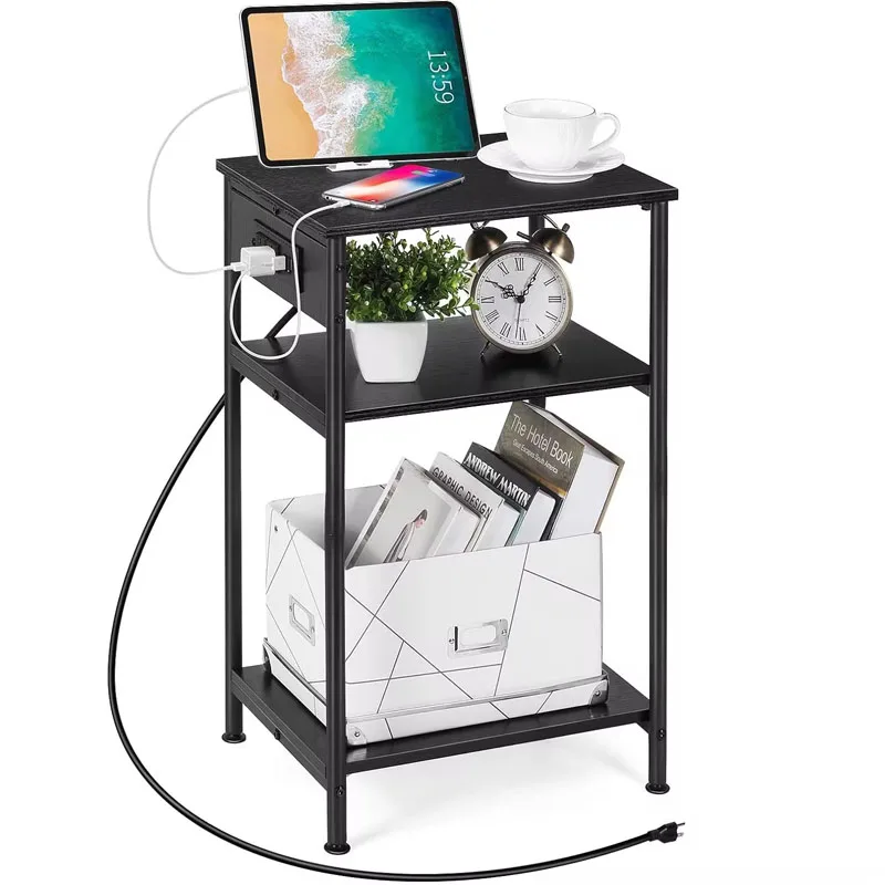 

Modern Black Nightstand with Charging Station - 3-Tier End Table with Storage Shelf and USB Ports for Convenient Charging