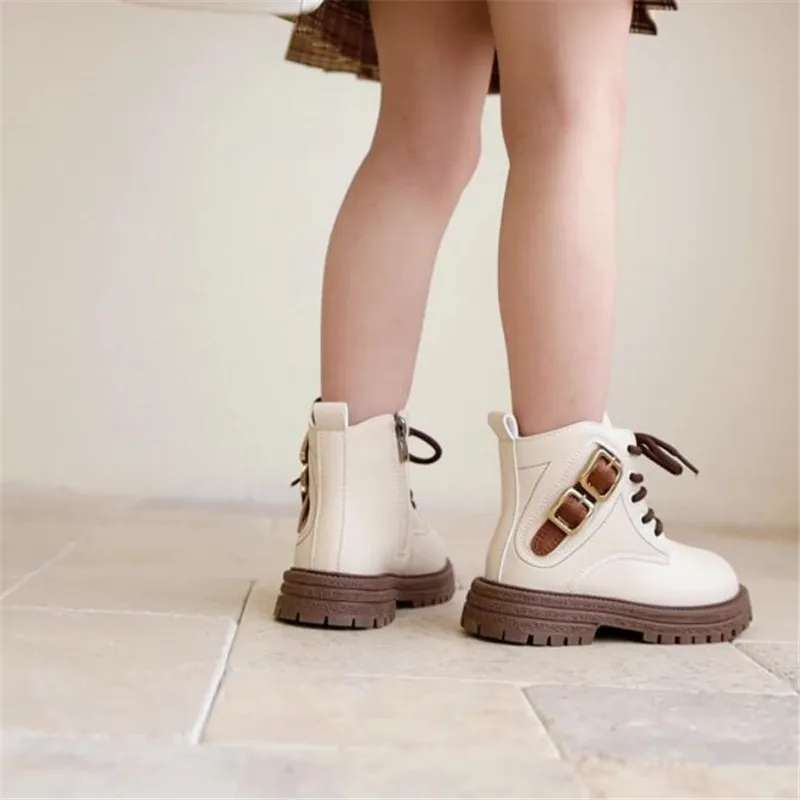 Autumn Winter Fashion School Girls Leather Short Boots Metal Exquisite Decoration Kid Lace Up Zip Shoes Boy Plush Pu Ankle Boots