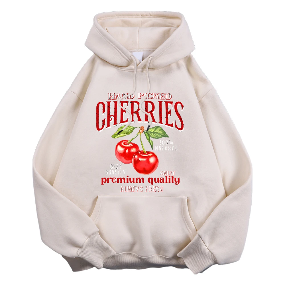 Casual Womans Hoodies Hand Picked Cherries Printing Sweatshirt Soft Breathable Loose Pocket Pullover Autumn Winter Streetwear