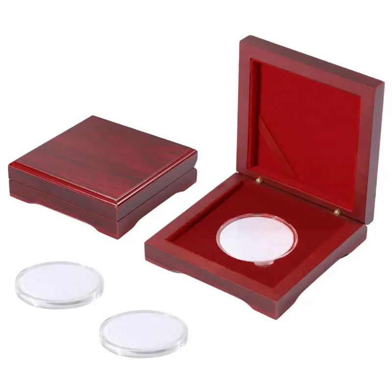 FINGERINSPIRE Challenge Münzen Box Aus Holz – Dunkelrot, Quadratisch, Mit Samt-Inlay Für 40-mm-Münzen, Magnetverschluss