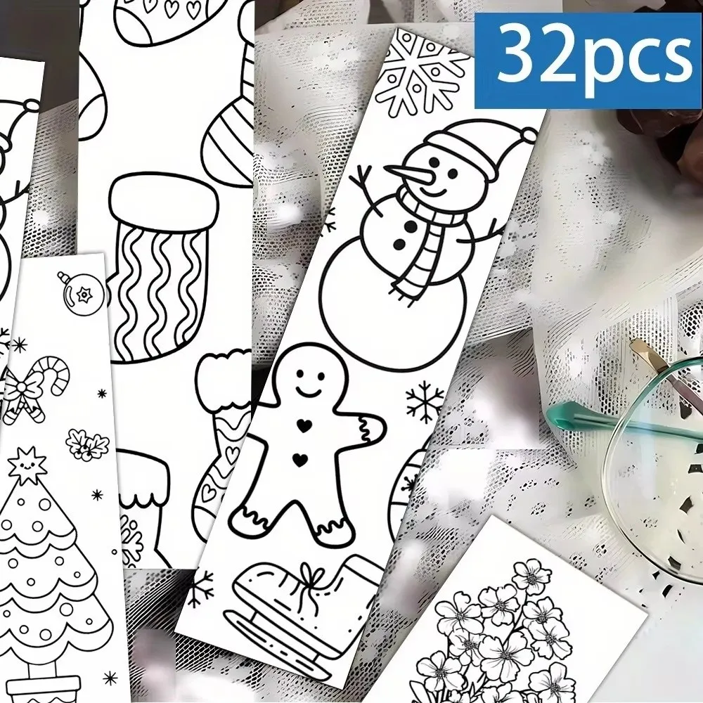 32pcs Christmas Graffiti Bookmarks Paper Minimalist Blank Bookmarks Line Art Style Cartoon Page Markers Decorative
