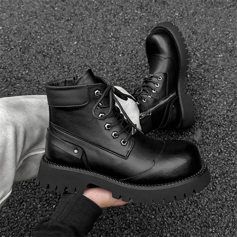 men's fashion natural leather boots lace-up autumn winter shoes cowboy ankle boot party nightclub handsome high motorcycle botas view 3