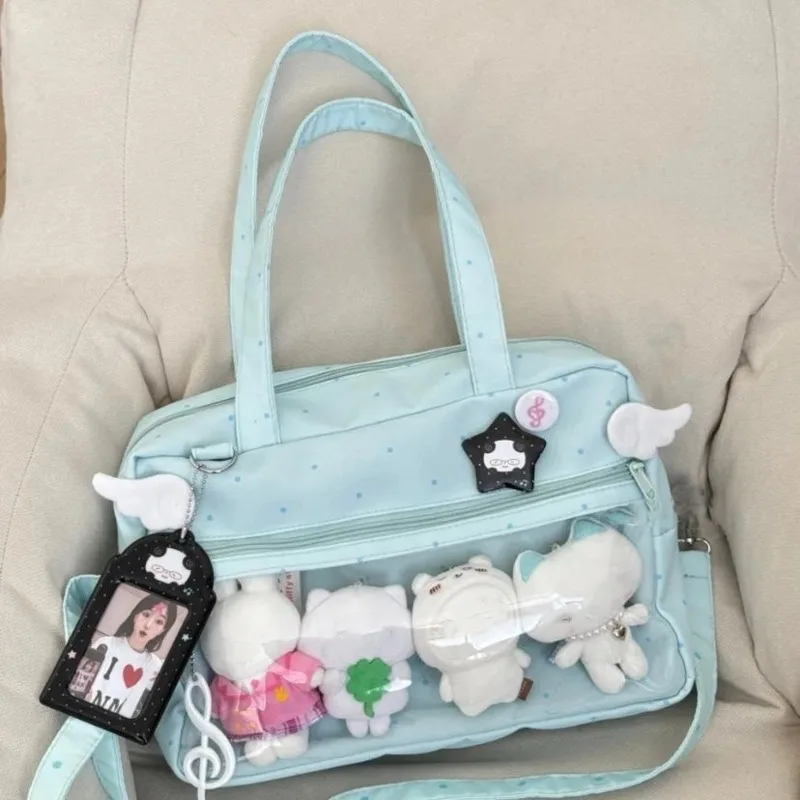 

Синяя японская сумка-итабаг в горошек, вместительная сумка-тоут с прозрачным карманом, милая сумочка в стиле лолита, сумка через плечо Y2K для девочек