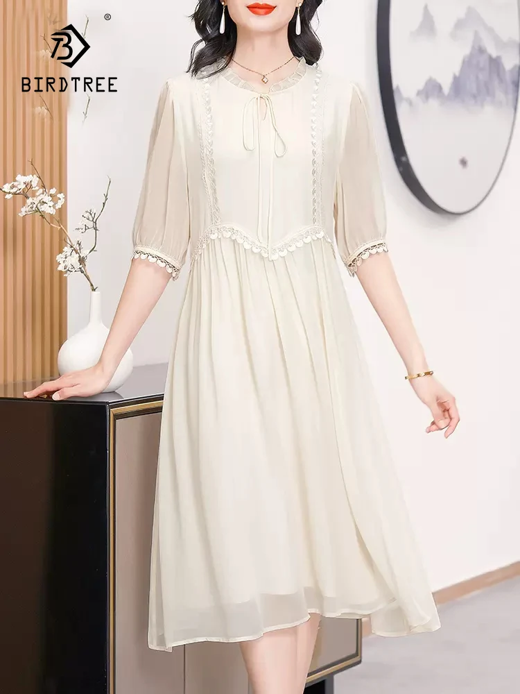 

BirdTree 100%Real Silk Elegant Dresses For Women, Half Sleeve Lace-up, Solid French Style Fairy Dress, 2024 Summer New D42272QC